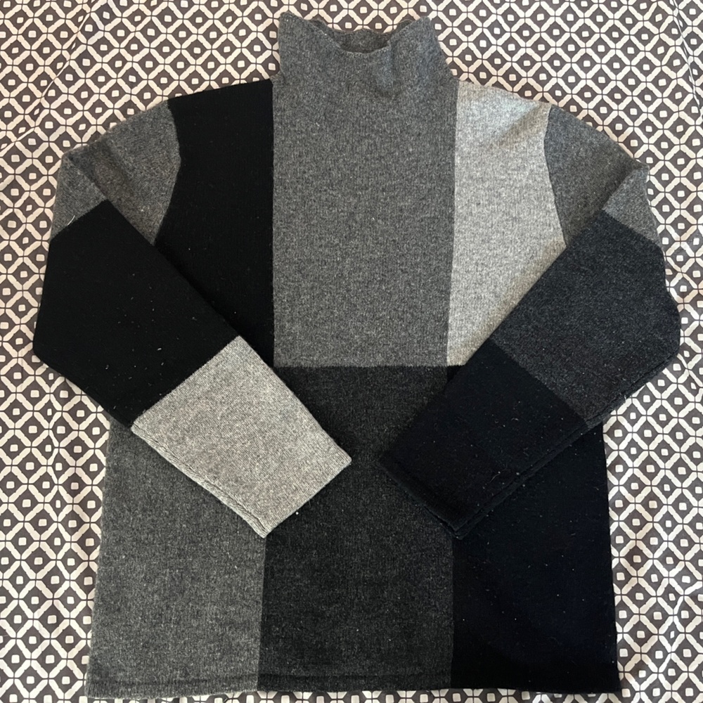 Grey & Black Color Blocked Wool Turtleneck Sweater